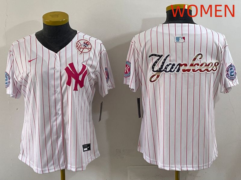 Women 2025 New York Yankees Blank White Stripe Joint Name Nike MLB Jersey style 6->women mlb jersey->Women Jersey